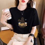 黑色米奇短袖t恤女装，夏季2024韩版纯棉，印花圆领宽松上衣ins潮