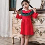 女童时尚连衣裙秋冬款长袖红色针织喇叭袖拼色领子儿童毛衣公主裙