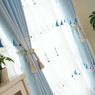儿童房窗帘布遮光成品男孩卧室，飘窗落地窗卡通，简约现代地中海风格