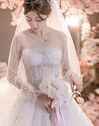 梦巴黎私人定制婚纱礼服，豪华拖尾长袖，一字肩性感韩版蕾丝公主结婚