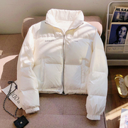 美式复古冬季字母设计白鸭绒外套2024潮牌时尚立领短款羽绒服