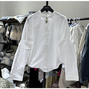 白色新中式国风复古立领，女蝙蝠袖衬衫，2024春百搭别致打底上衣