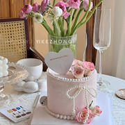 网红情人节蛋糕装饰珍珠，蝴蝶结玫瑰花爱心卡片，情侣节日小蛋糕插件