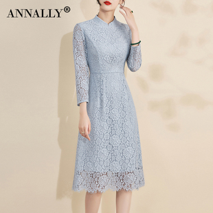 Annally2024春装优雅气质中式打底中长款灰蓝色蕾丝连衣裙女