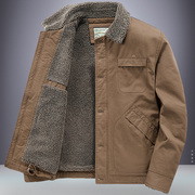 工装外套男秋冬季宽松大码加绒加厚棉衣毛领，大口袋羊羔绒夹克
