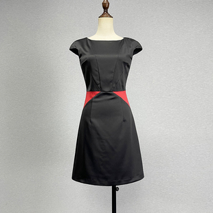 品牌折扣黑色短袖连衣裙，女弹力修身性感黑红拼色飞飞，袖包臀裙中裙