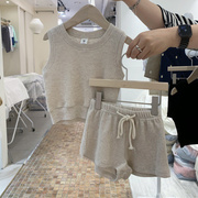 男女童华夫格背心短裤，休闲运动套装，韩国童装21秋款花灰两件套薄款