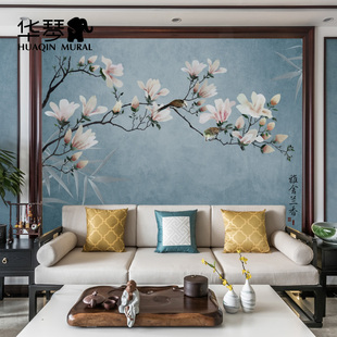 华琴新中式电视背景墙壁纸影视墙，墙布客厅壁布卧室墙纸花鸟壁画