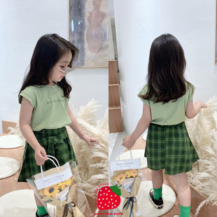 女童夏季套装2024韩版女宝宝洋气背心纯色，短t恤格子短裙裤子