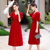 2024年夏季红色短袖连衣裙女中长款优雅气质收腰显瘦法式复古裙子