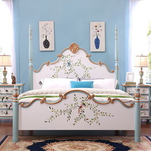 卡意德 美式田园双人床地中海蓝白花鸟彩绘实木床卧室储物1.8米床
