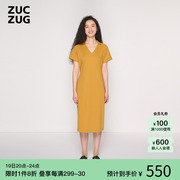 zuczug素然早春女士气质柔软舒适丝光针织布系腰小v领短袖连衣裙