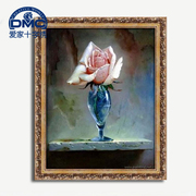 法国dmc十字绣精准印花专卖客厅古典油画，蓝酒杯中的红玫瑰