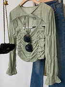 绿色修身皱褶吊带背心雪纺长袖系带披肩两件套时尚休闲洋气F∮27