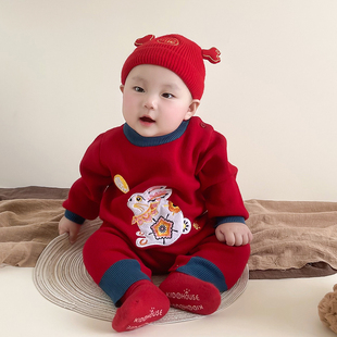 婴儿连体衣冬装男女宝宝满月百天周岁礼服加绒包屁衣套装拜年服红