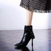 欧美软皮短靴女士秋冬季细跟尖头真皮鞋英伦风帅气高跟鞋马丁靴子