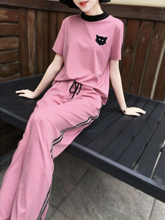 粉色运动套装女士2024春夏韩版气质短袖t恤高腰阔腿裤两件套