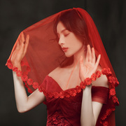 红色头纱新娘主婚纱短款头饰秀禾服红盖头，结婚复古风蓬蓬简约领证