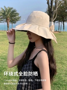 2024防晒帽女士夏季防紫外线蝴蝶结渔夫帽遮脸大帽檐遮阳帽子