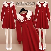 孕妇连衣裙春秋款娃娃领红色，2024年秋冬款，小个子针织毛衣裙子