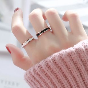 时尚玫瑰金窄版网红黑白陶瓷，戒指男女情侣，指环对戒尾戒食指饰品