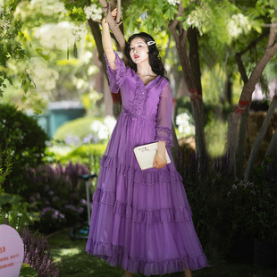韵紫阑珊夏季高级感紫色连衣裙女v领荷叶，袖蛋糕裙收腰雪纺裙