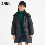 安奈儿童装女童中长款羽绒服2022冬季中大童甜美黑色加厚外套
