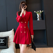 连衣裙小个子收腰西装气质设计大长袖法式2024红色众裙百褶小秋冬