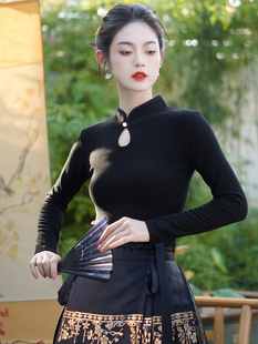 配马面裙的t恤气质镂空黑色上衣秋季国风盘扣修身小衫新中式女装
