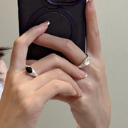 韩版黑玛瑙小众戒指女纯银开口指环学生饰品简约冷淡风尾戒设计感