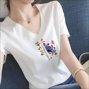 中国风v领白色短袖t恤女直筒，纯棉上衣女士2024夏半袖(夏半袖)体恤衫女