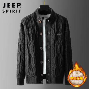 jeep吉普针织衫男秋冬款加绒加厚长袖，开衫外套男士休闲毛衣大码