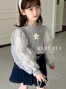 韩版女童装儿童秋季花朵泡泡袖长袖卫衣T恤打底衫牛仔裙短裙子