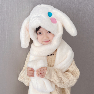可爱兔耳朵会动儿童帽子围巾一体冬男女童毛绒加厚保暖帽围脖手套