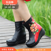 纳妮雅原创设计中国风，短靴真皮中年女靴，大码坡跟圆头胖脚妈妈鞋秋