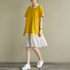 天然出品 宽松休闲黄色针织雪纺拼接短袖连衣裙夏季QA1260