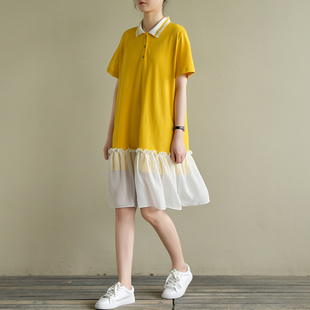 天然出品宽松休闲黄色针织，雪纺拼接短袖连衣裙夏季qa1260
