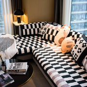 时尚经典黑白格子沙发垫平绒防滑沙发坐垫北欧现代几何沙发巾套罩