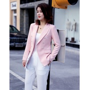 粉色双排扣西装外套女2021职业，ol春款休闲韩版气质，显瘦小香风外套