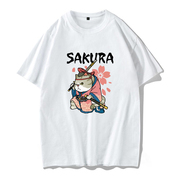 日系猫咪短袖T恤男 樱花和风卡通猫男生潮流复古潮牌嗯骚粉半袖
