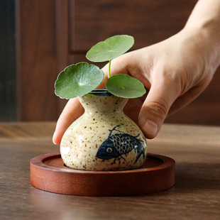 日式复古创意陶瓷花器迷你茶宠摆件水培小花瓶茶艺茶玩禅意装饰品