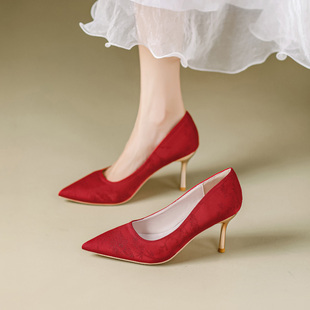 大红色婚鞋女细跟国风配旗袍浅口尖头主持礼仪，婚宴伴娘鞋高跟鞋子