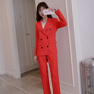 红色ol职业套装女春秋，款韩版显瘦时尚，帅气西装小外套西服裤两件套