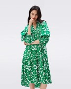 dvf2023夏季棉质绿色，枫叶泡泡袖，宽松系带百搭田园连衣裙