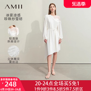 amii2024宽松春夏季雪纺，露肩长袖连衣裙，女设计感高端白色气质