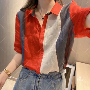 韩版拼接撞色短袖衬衫女2024夏季设计感小众，气质减龄百搭上衣