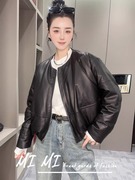 圆领拉链开衫绵羊皮皮衣长袖皮羽绒服女欧洲站女装2023秋季