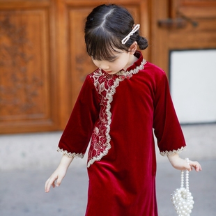 儿童旗袍春秋女童连衣裙红色改良唐装复古丝绒旗袍中国风演出礼服