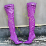 欧美反串紫色漆皮超高跟长靴不过膝尖头细跟高筒皮带扣大码定制靴