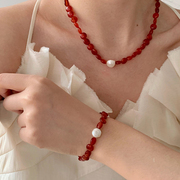 GemIsland红玛瑙石项链巴洛克珍珠吊坠天然原创设计法国小众